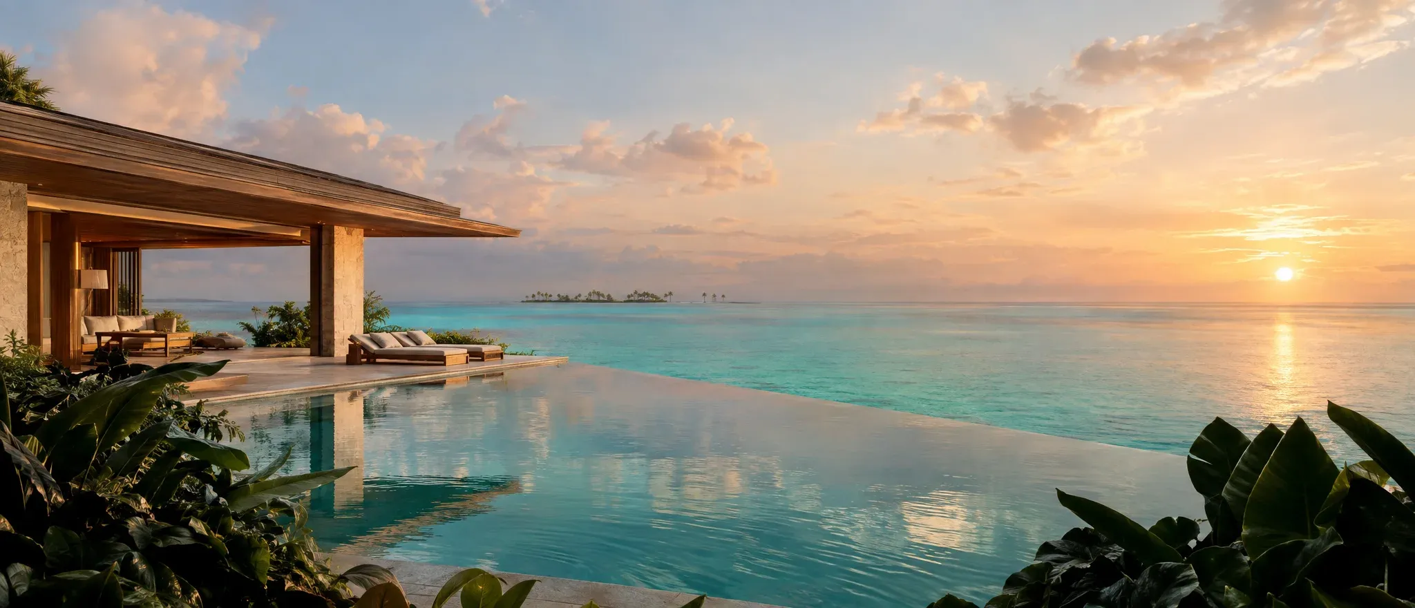 A secluded island villa and infinity pool overlooking a turquoise lagoon at sunrise